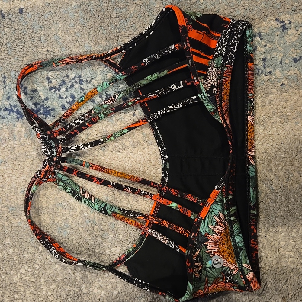 lululemon athletica Floral Multi-Strap Sports Bra in Black, Orange & Green - Picture 2 of 4